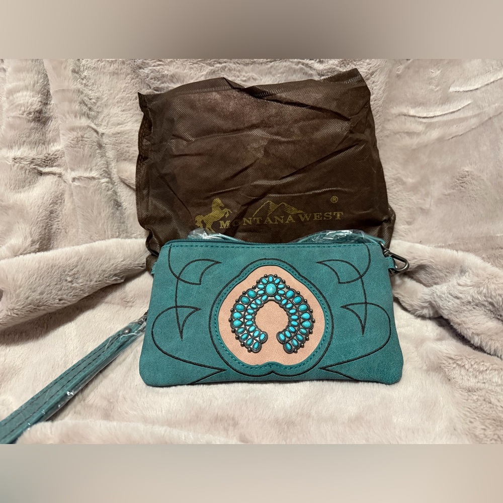 Montana West Teal Crossbody/Wristlet with Turquoise Bead Medallion